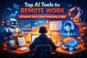 Top AI tools for remote work showing a person working remotely with AI assistant, productivity dashboard, task management, automation and artificial intelligence tools for work from home