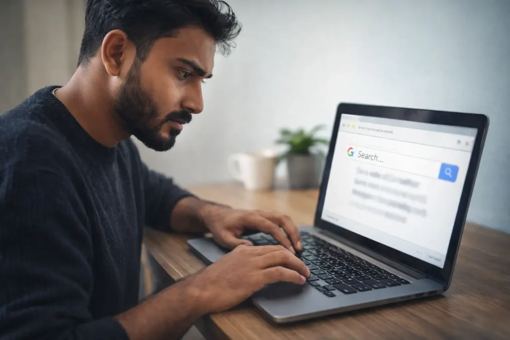 A person searching information on a laptop, learning how to use the internet more effectively