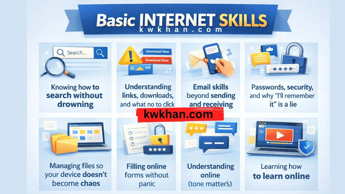 A person using a laptop and mobile confidently, learning basic internet skills like searching, email use, and online safety in daily life.