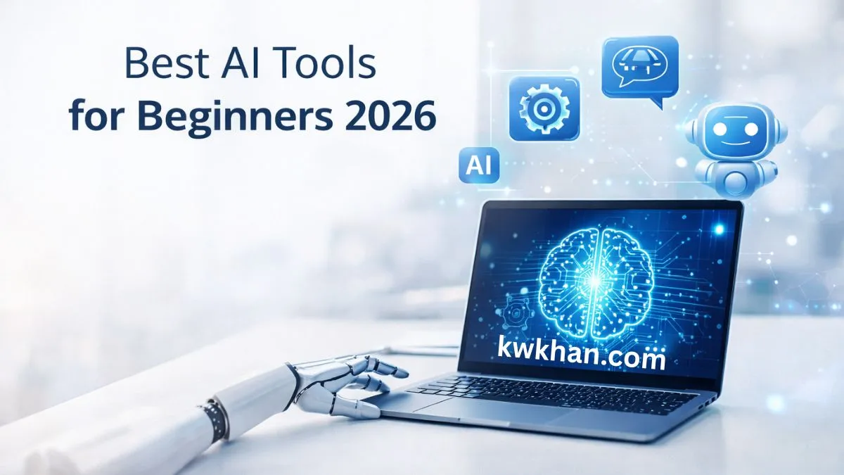 Best AI tools for beginners 2026 featured image showing laptop with artificial intelligence icons and robotic hand